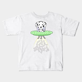 Funny dalmatian dog is flying a ufo Kids T-Shirt